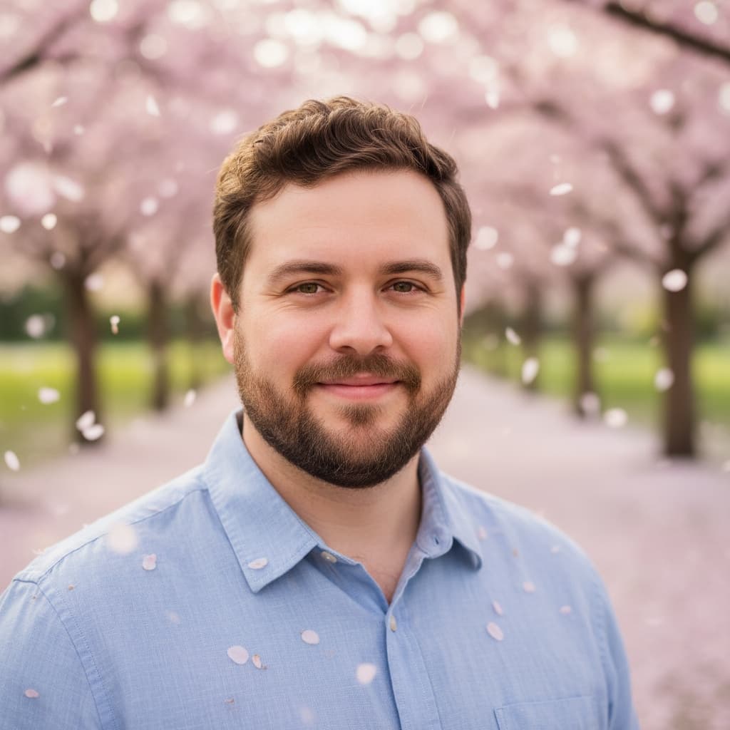 curve white man cherry blossom portrait soft focus 39962964