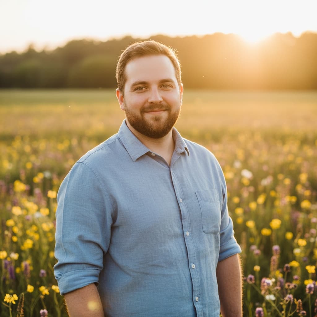 curve white man golden hour meadow portrait 68973058