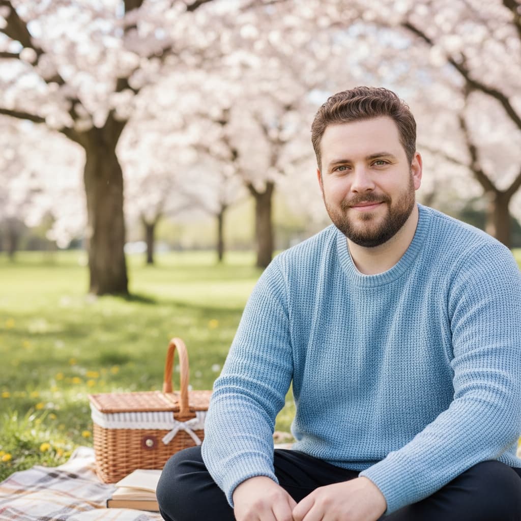 curve white man picnic blanket spring scene 97257752
