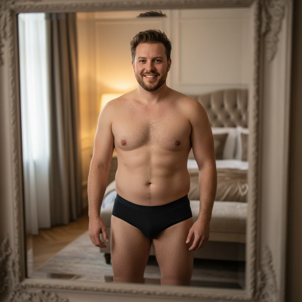 curve white man standing mirror reflection 10252508