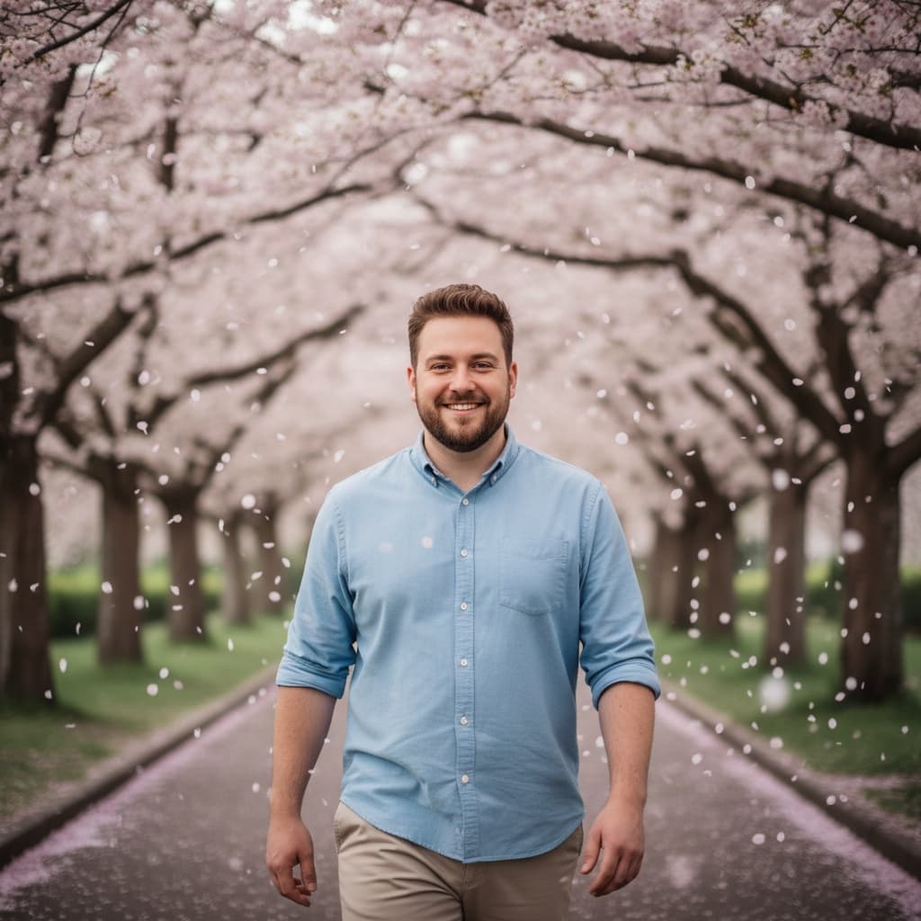 curve white man walking blossom pathway 59419795