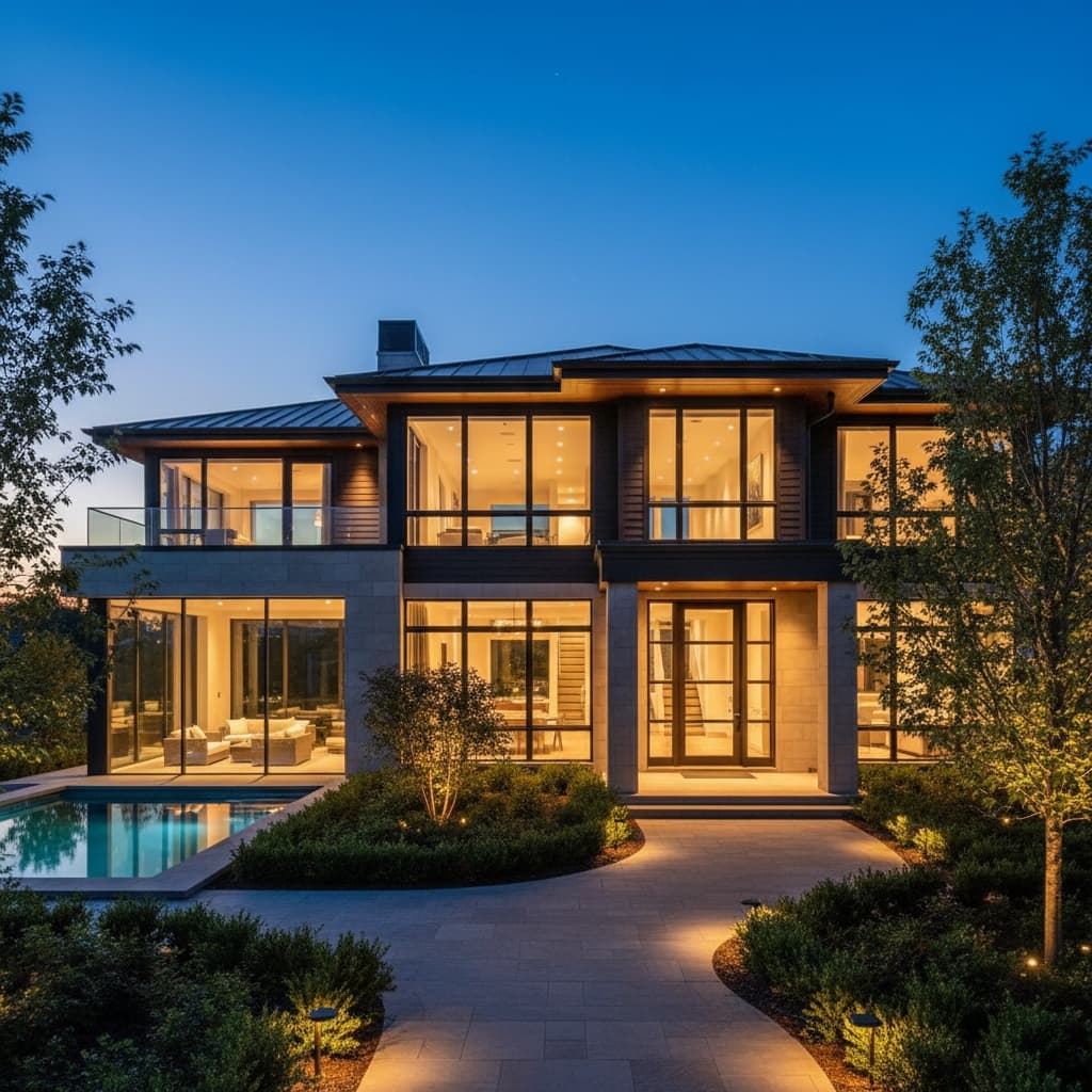 dusk exterior lit windows 20388593