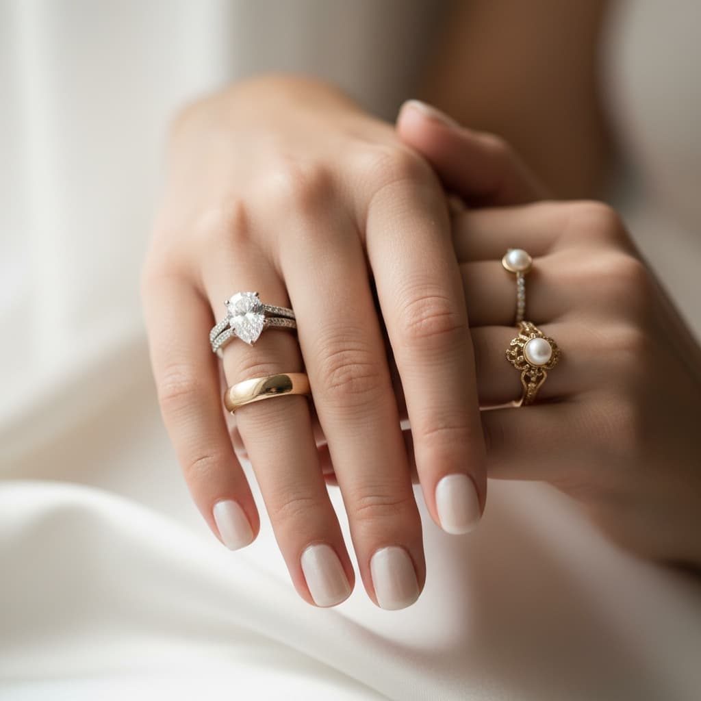 hands wearing bridal set 88706211