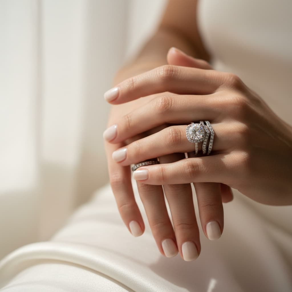 hands wearing bridal set 96272267