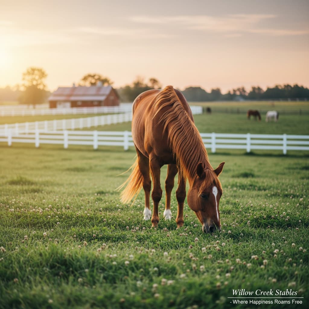 horse grazing pasture golden hour 45346489