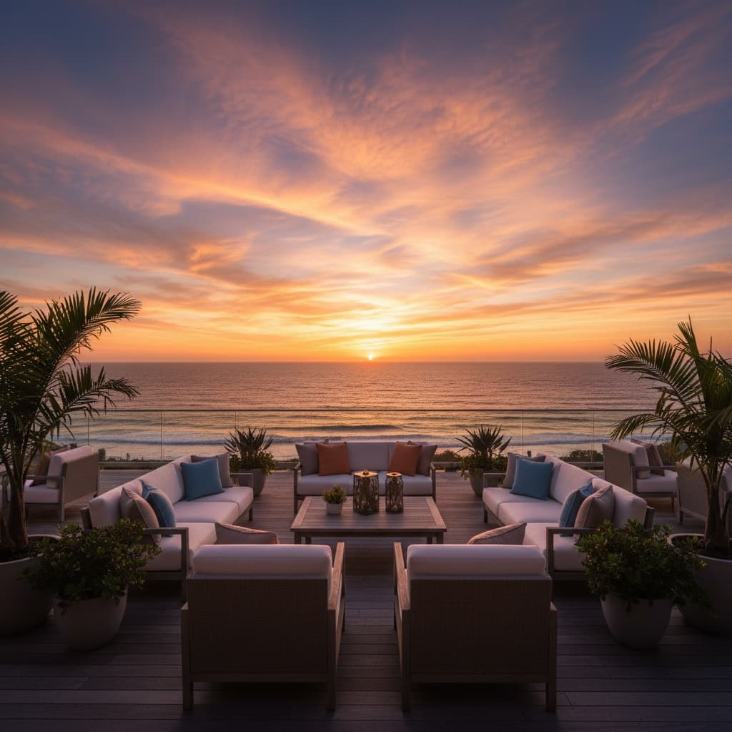 ocean view deck golden hour 56954333