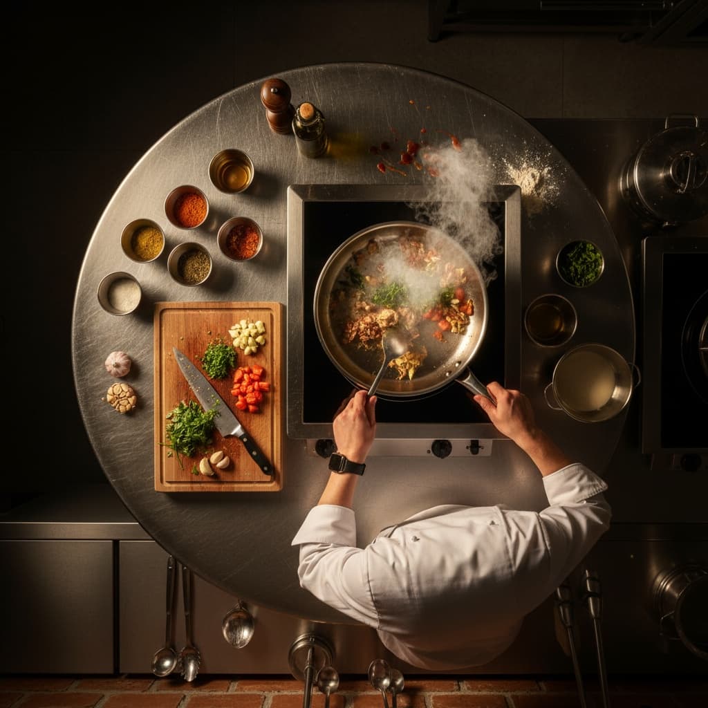 overhead cooking action 53945564