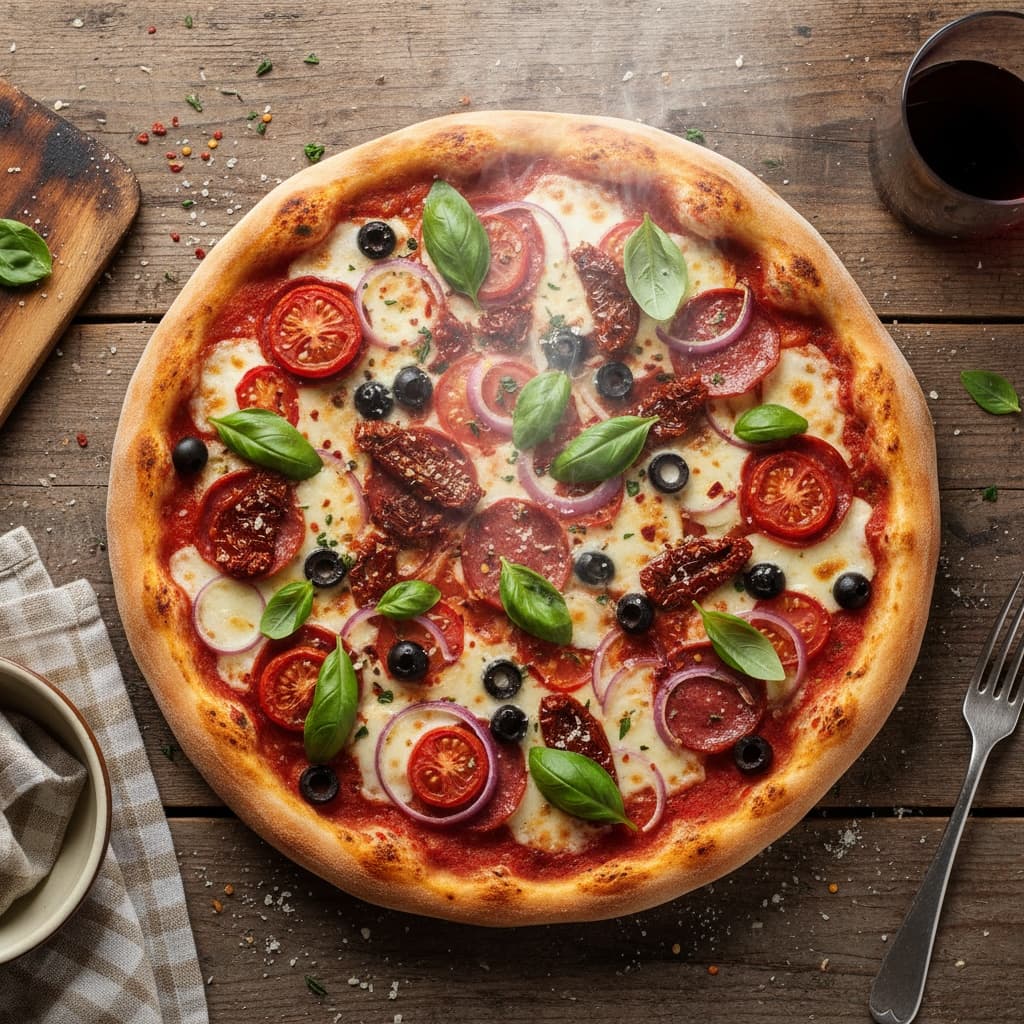 overhead flat lay whole pizza 29510754
