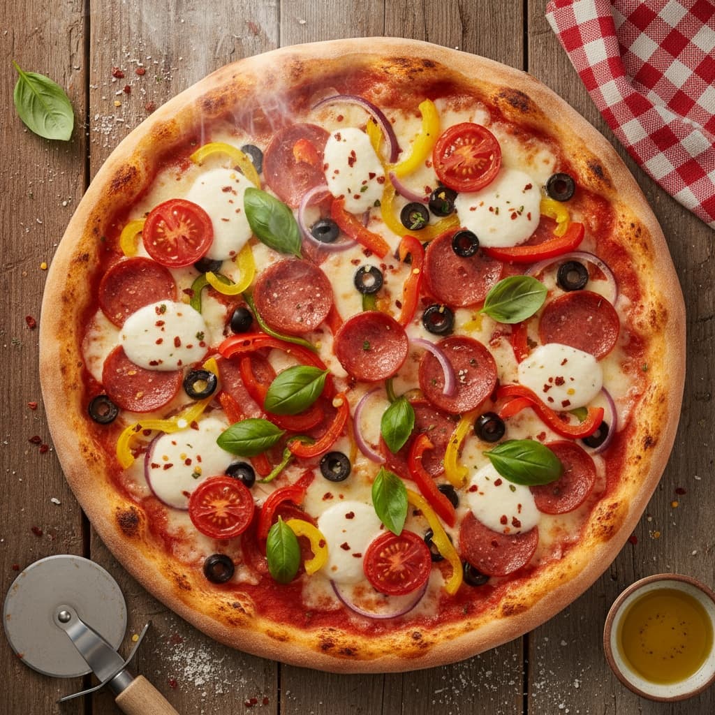 overhead flat lay whole pizza 66291519