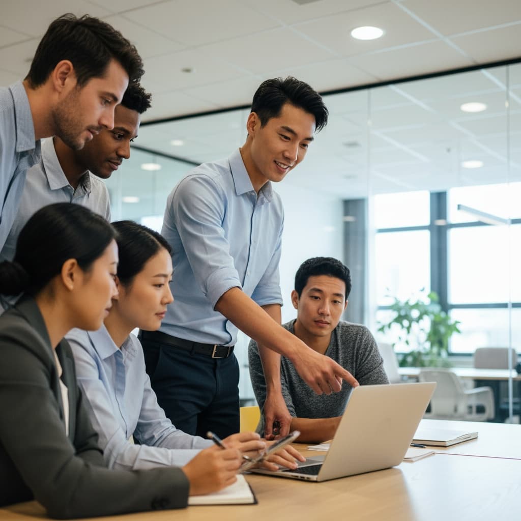 petite asian man laptop presentation demo 54410790