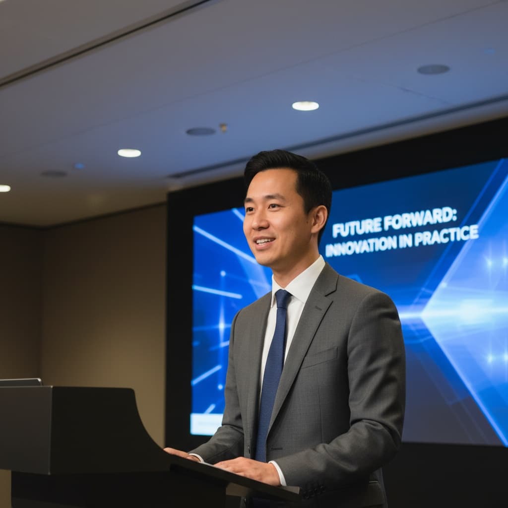 petite asian man presenting at podium 54289380