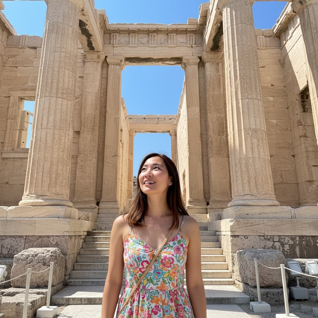 petite asian woman acropolis entrance propylaea 30855655