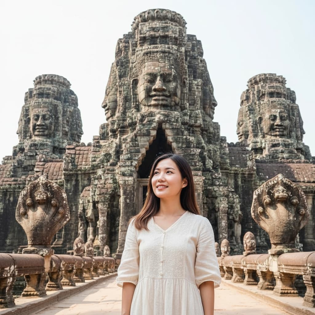 petite asian woman angkor thom south gate 87643291
