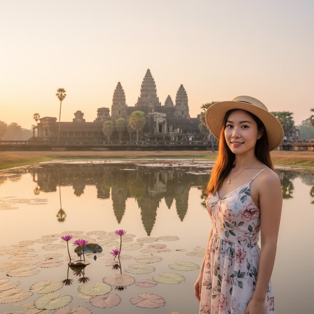 petite asian woman angkor wat reflection pool 72676625