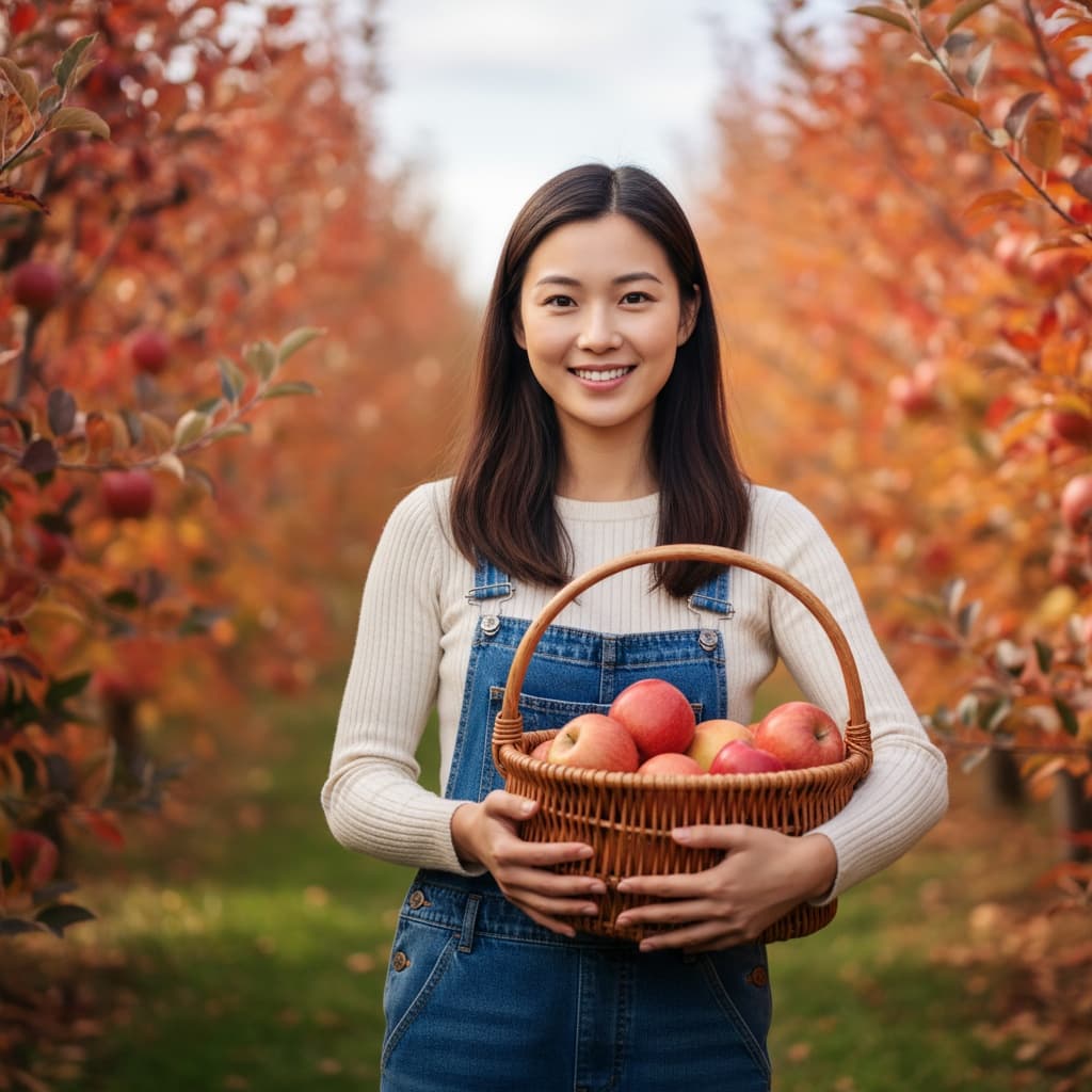 petite asian woman apple orchard harvest 94423357