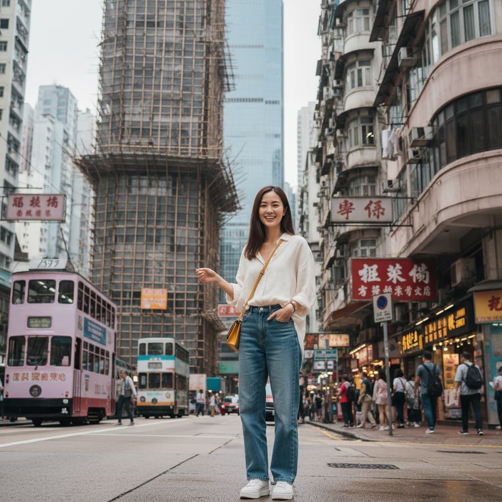 petite asian woman bamboo scaffolding urban 67762606