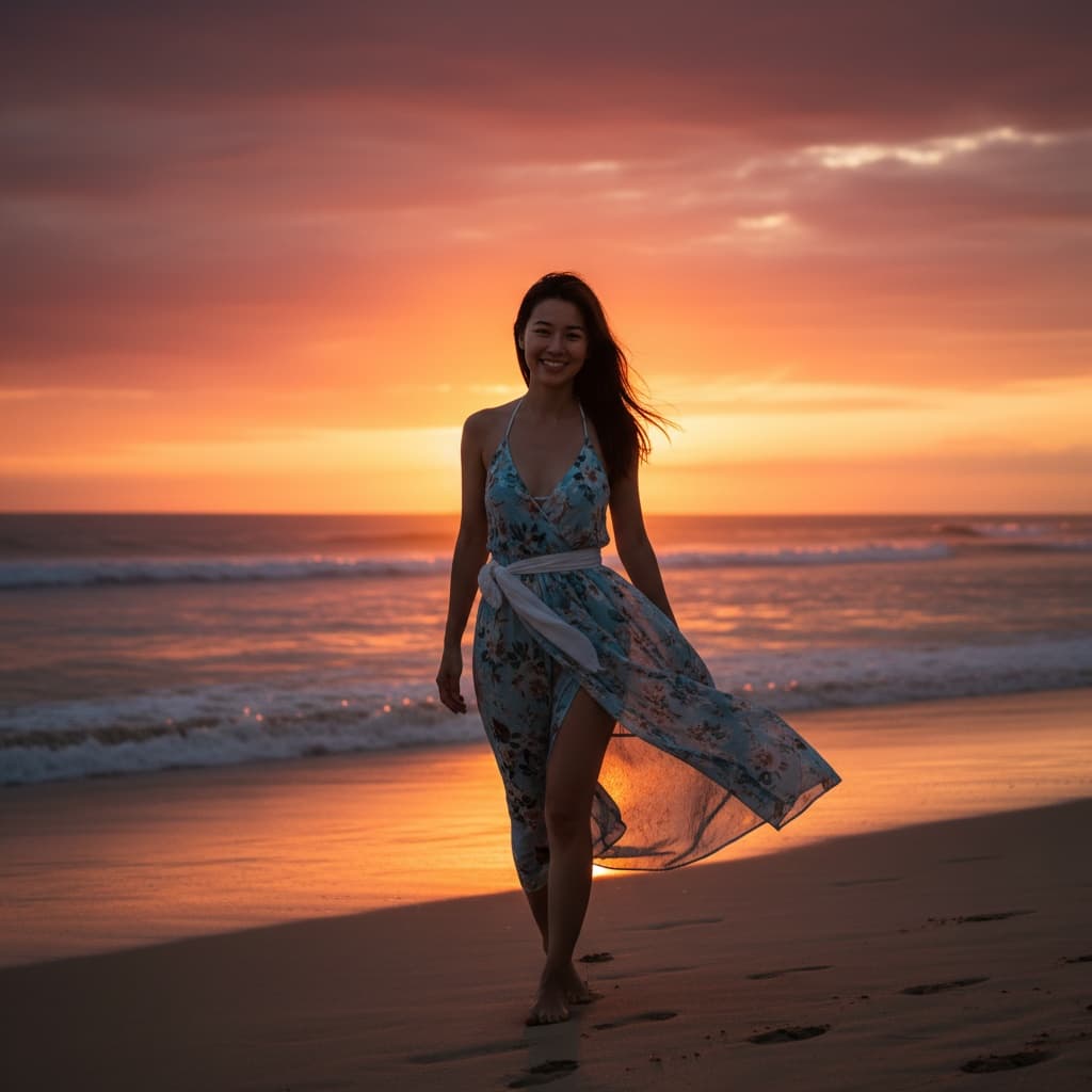 petite asian woman beach sunset silhouette 49769903