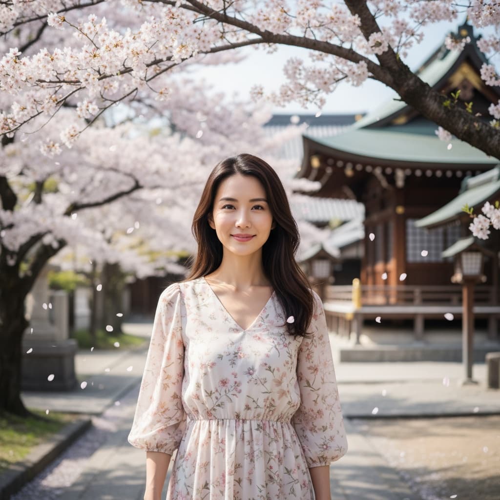 petite asian woman cherry blossom temple grounds 35414500