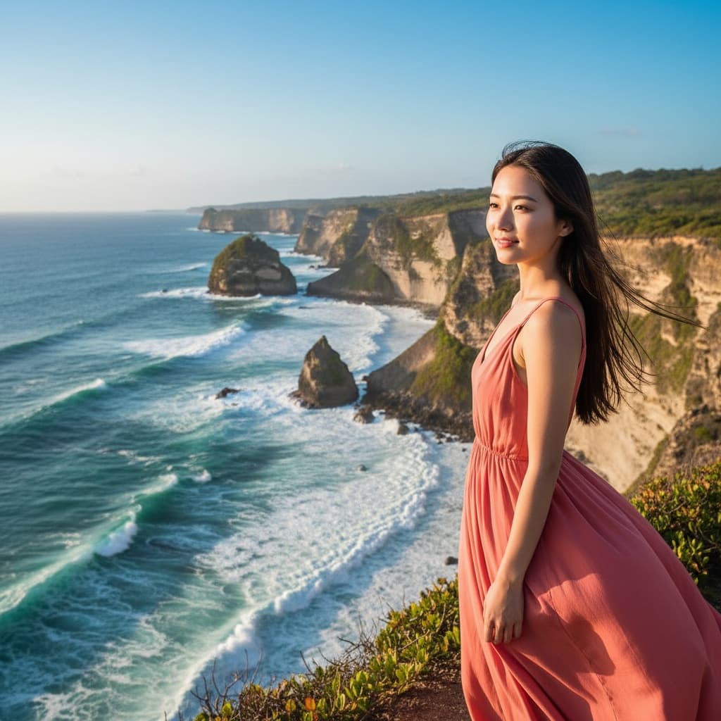 petite asian woman cliff ocean overlook 74940772