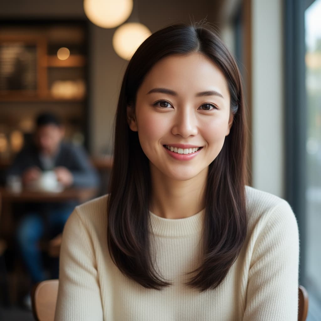 petite asian woman coffee shop casual smile 98062389