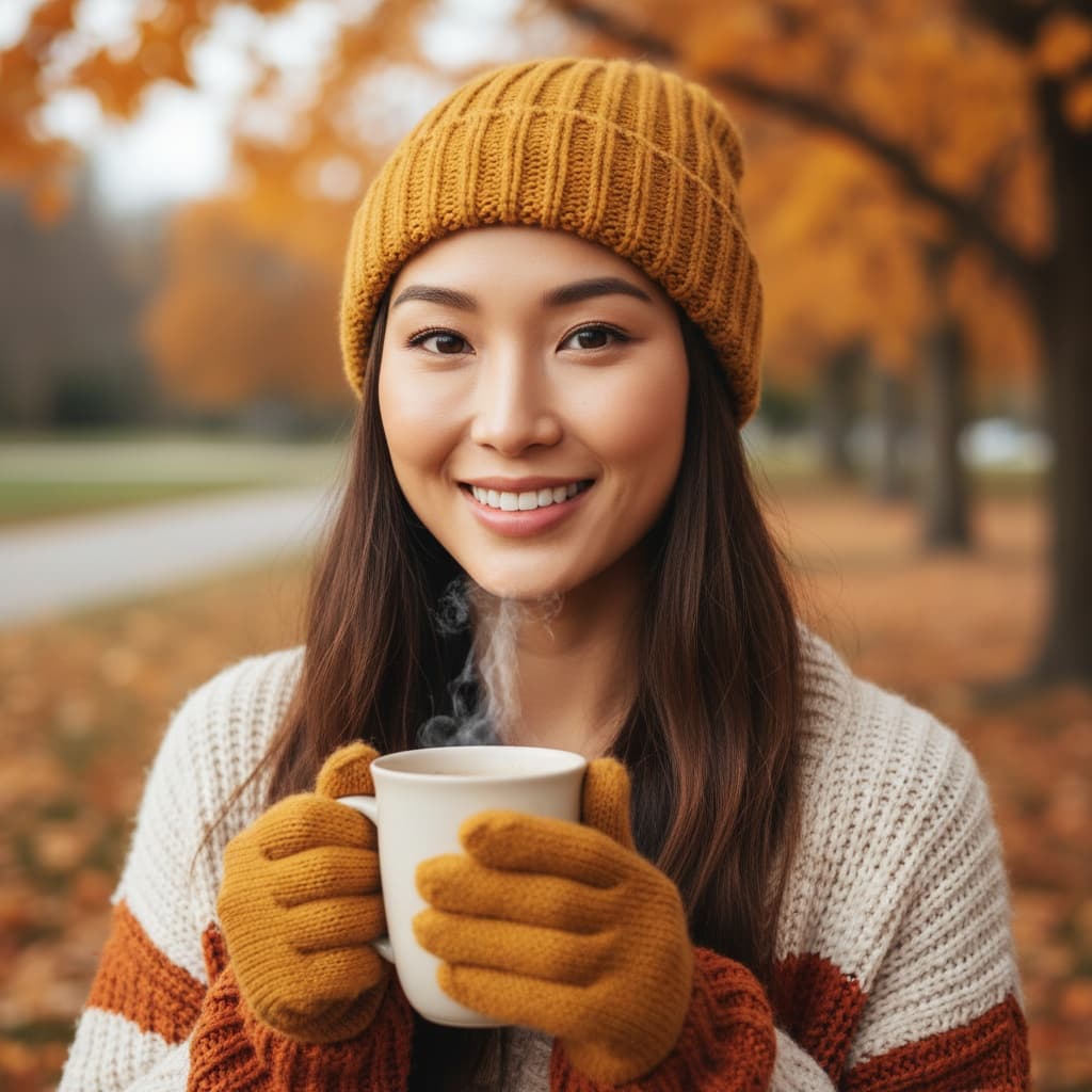 petite asian woman cozy coffee fall portrait 86109109