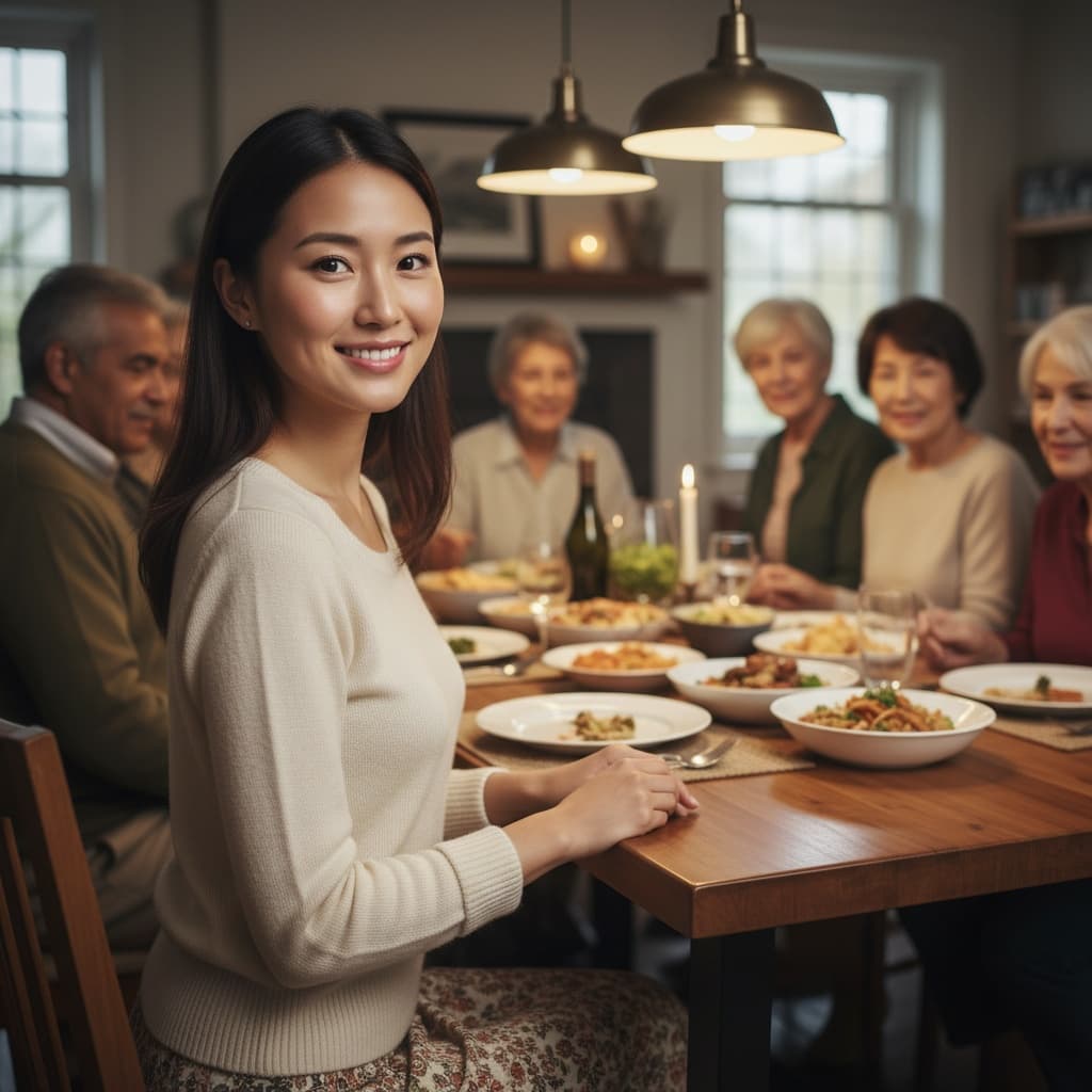 petite asian woman family gathering dinner 66976746