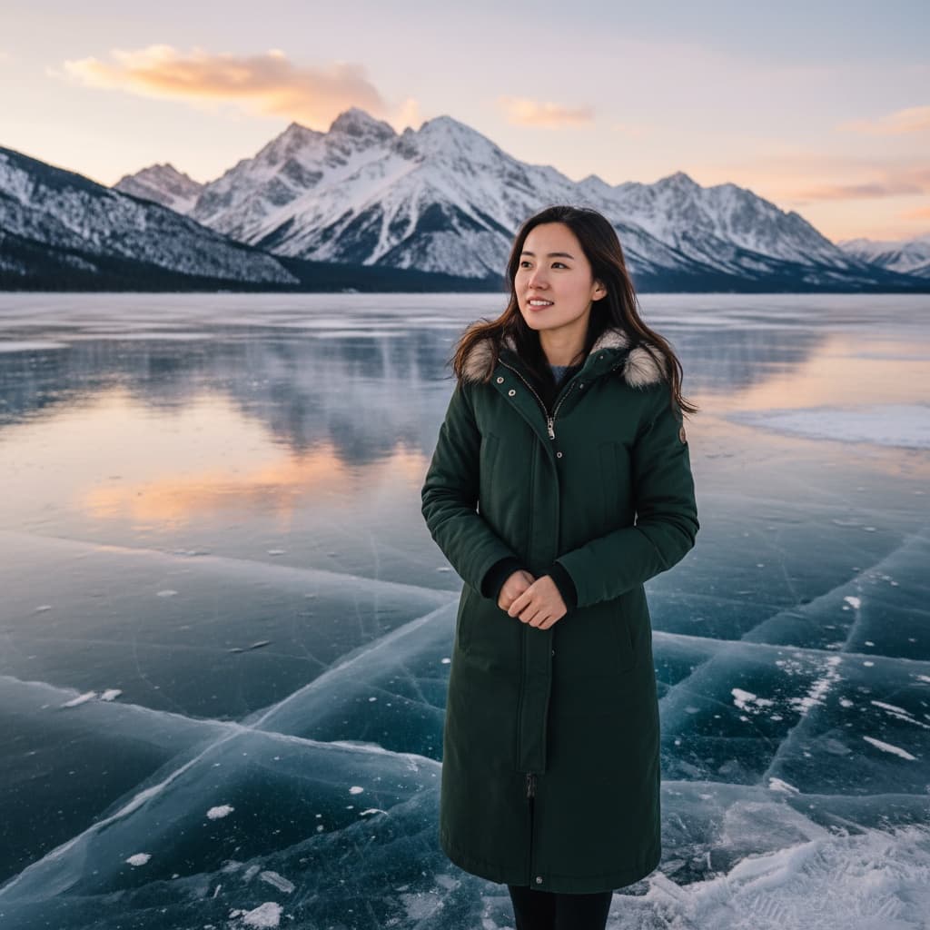 petite asian woman frozen lake landscape 28423171