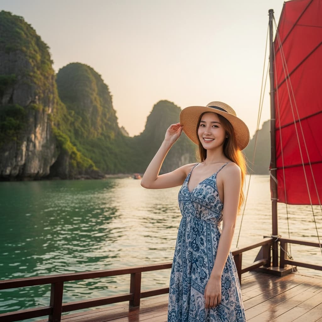 petite asian woman halong bay cruise deck 69207965