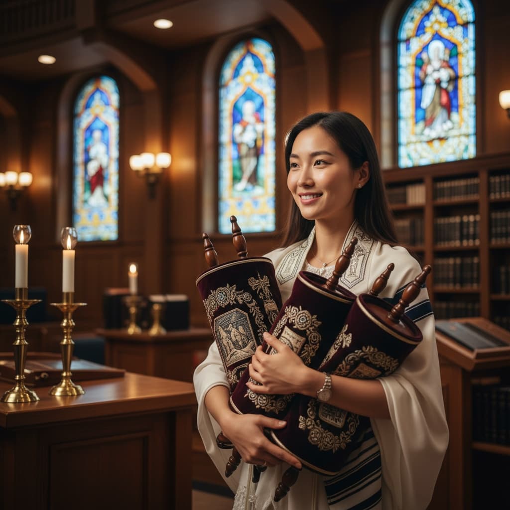 petite asian woman holding torah scrolls 91459897
