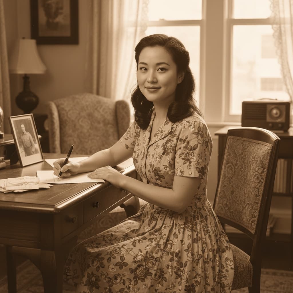 petite asian woman home front letter writing 97958743