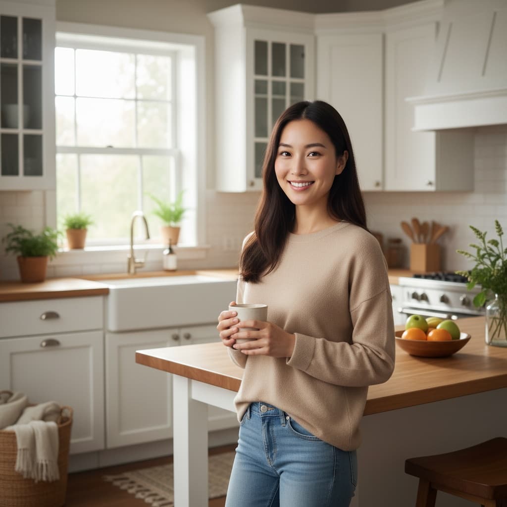petite asian woman home kitchen warm inviting 33372166
