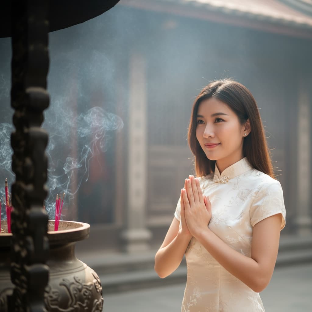 petite asian woman incense smoke offering 25770822
