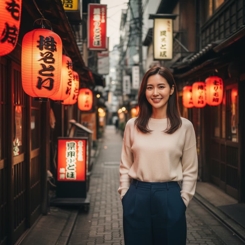 petite asian woman izakaya entrance lanterns 69203259