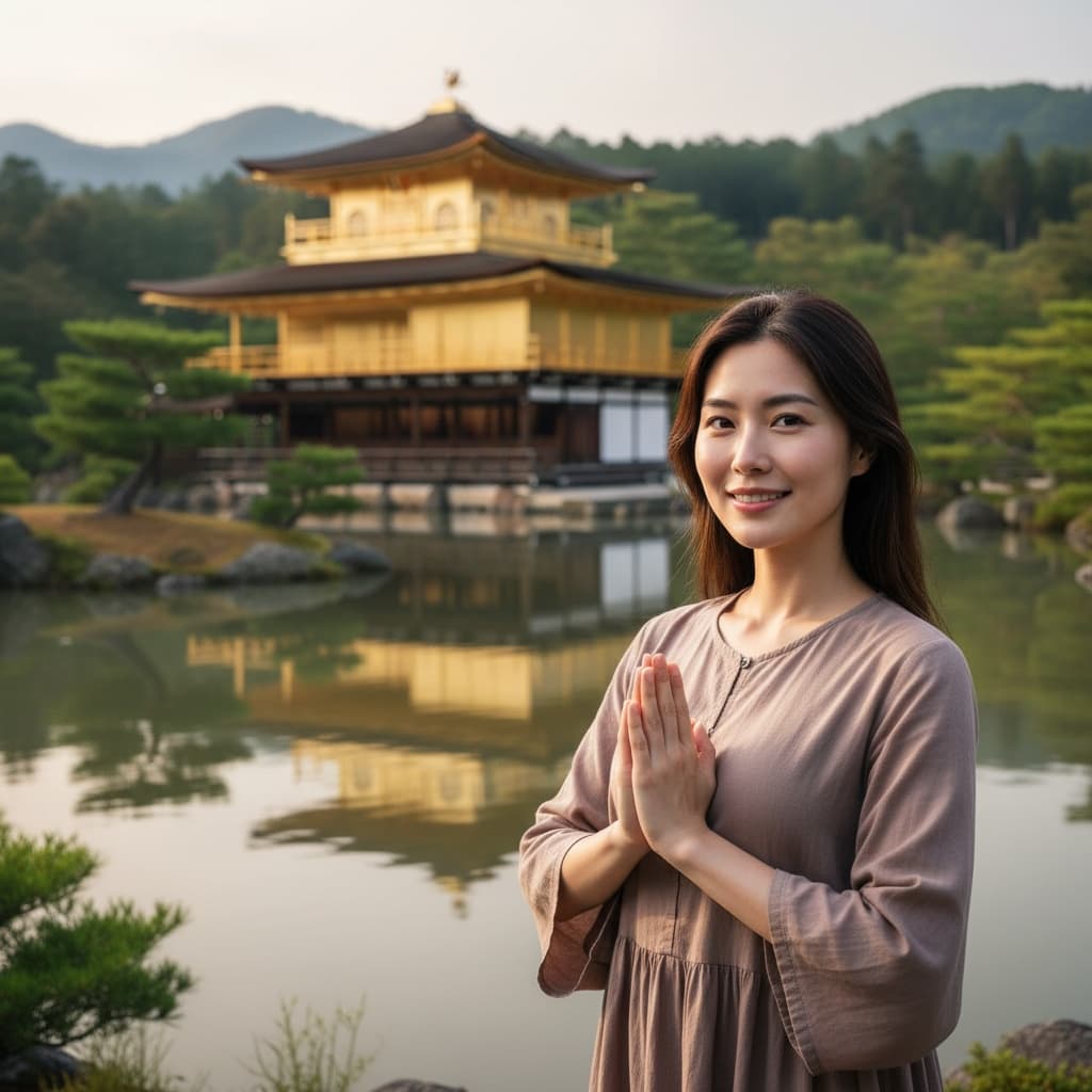 petite asian woman kinkakuji golden pavilion 66668983