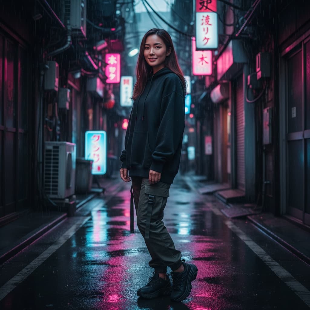 petite asian woman neon lit alley portrait 29679888