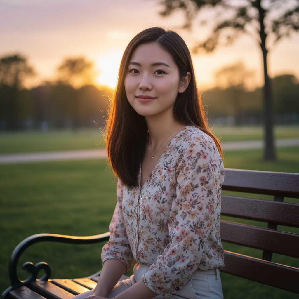 petite asian woman park bench golden hour 87025182