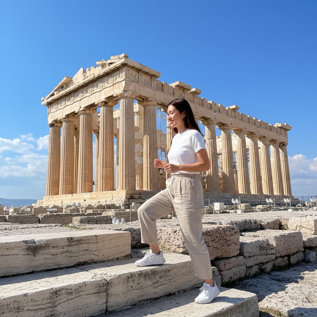 petite asian woman parthenon steps walking 83284317
