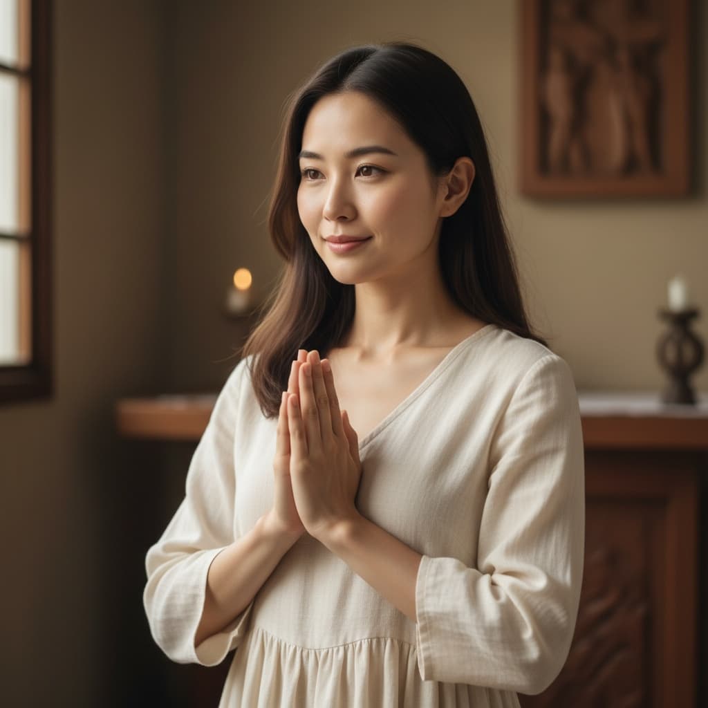 petite asian woman prayer reflection peaceful 30560720