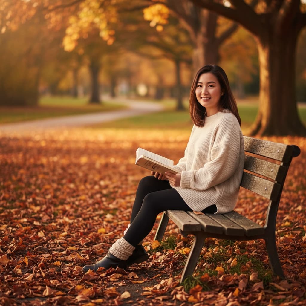 petite asian woman reading book fall bench 82854648