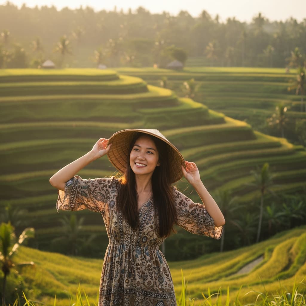 petite asian woman rice terrace overlook portrait 66321547