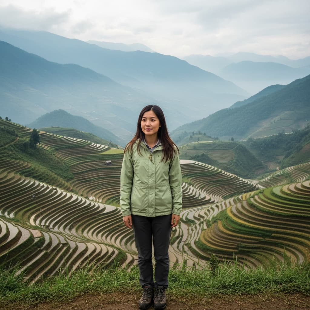 petite asian woman rice terrace portrait 78066101