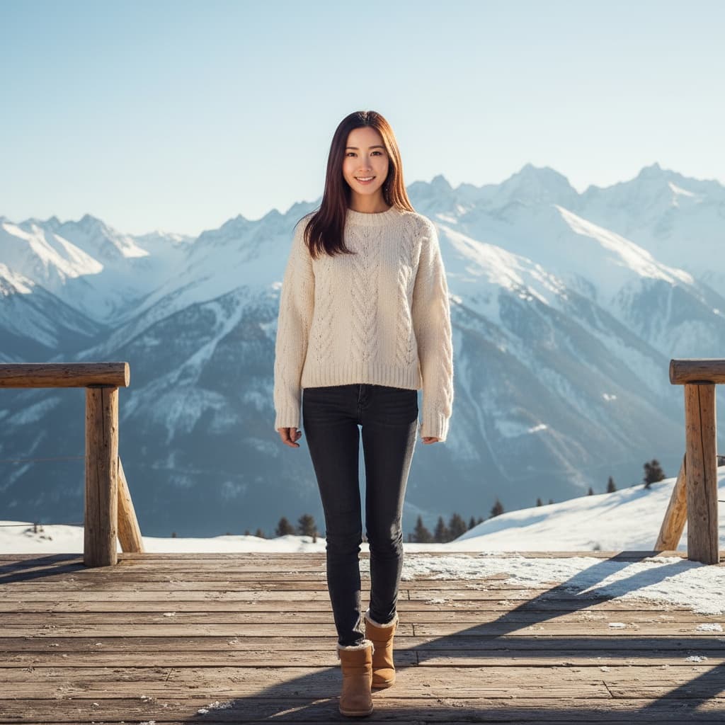 petite asian woman snow lodge deck 15488461