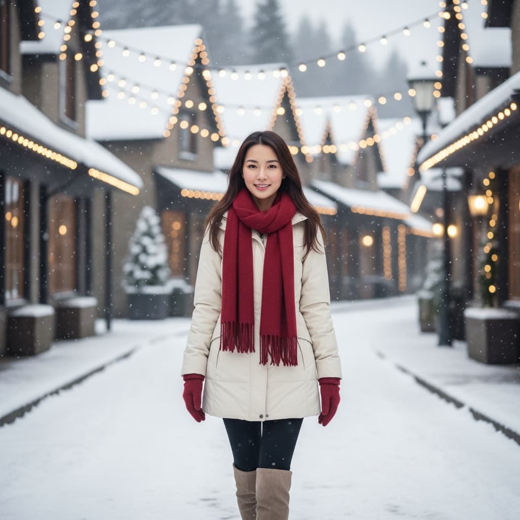 petite asian woman snowy village walk 24747598