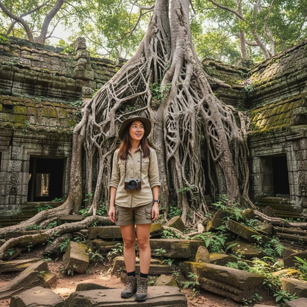petite asian woman ta prohm jungle temple roots 58366651