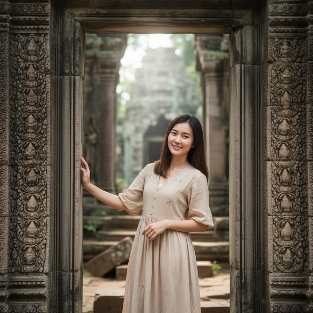 petite asian woman temple doorway framing 44040931
