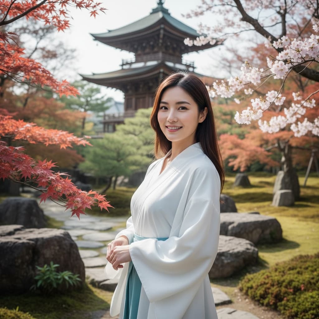 petite asian woman temple garden cherry blossoms 58769138