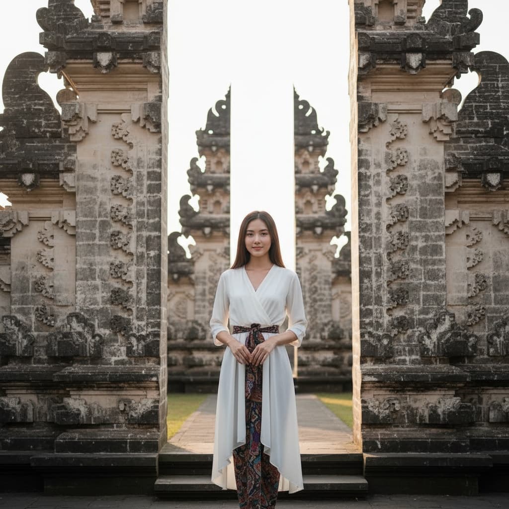 petite asian woman temple gates portrait 80620658