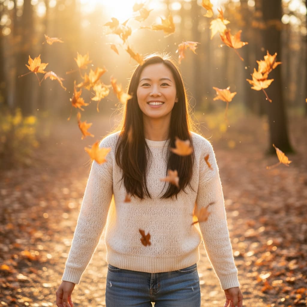 petite asian woman throwing autumn leaves 35838259