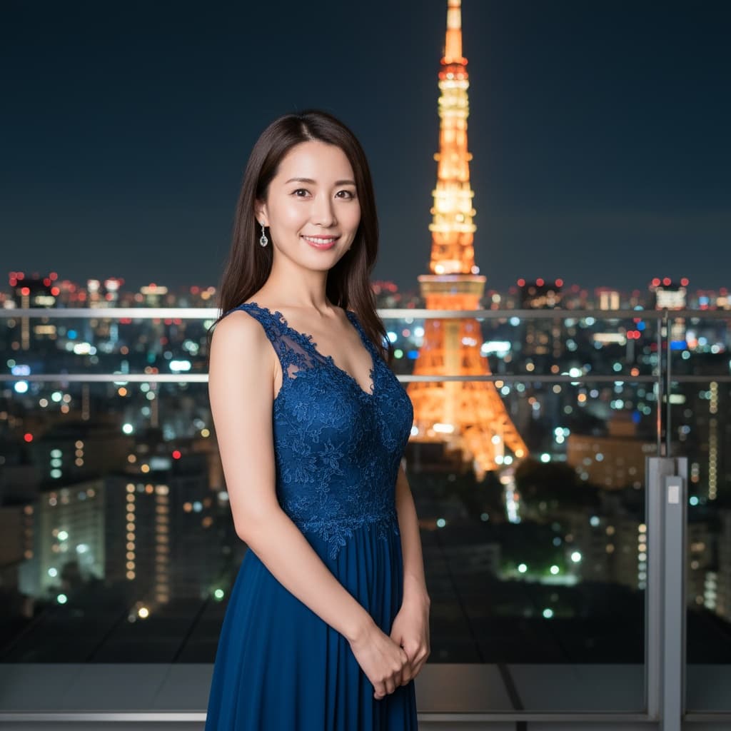 petite asian woman tokyo tower night view 85423434