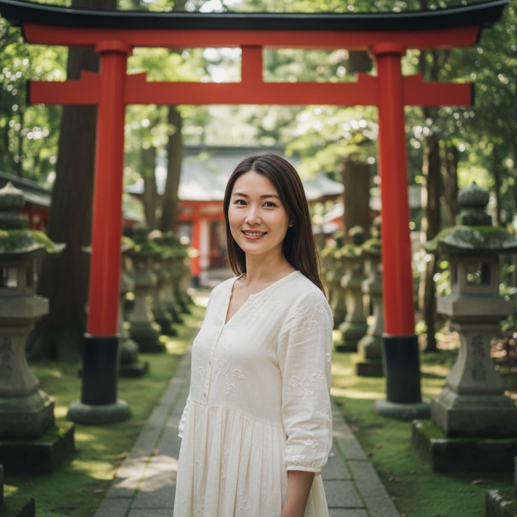 petite asian woman traditional torii gate 34124241